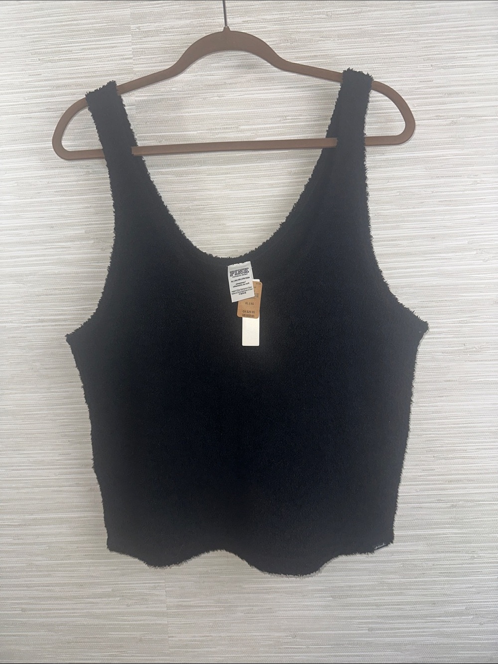 NWT PINK Victoria's Secret Black Sherpa Fuzzy Scoop Neck Cropped Tank XL